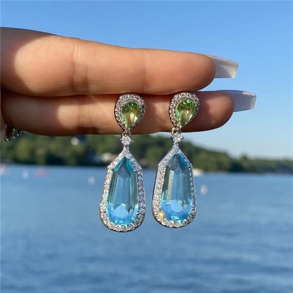 Luxury Long Dangle Tear Water Drop Earrings Big Gem Halo - Picture 5 of 16